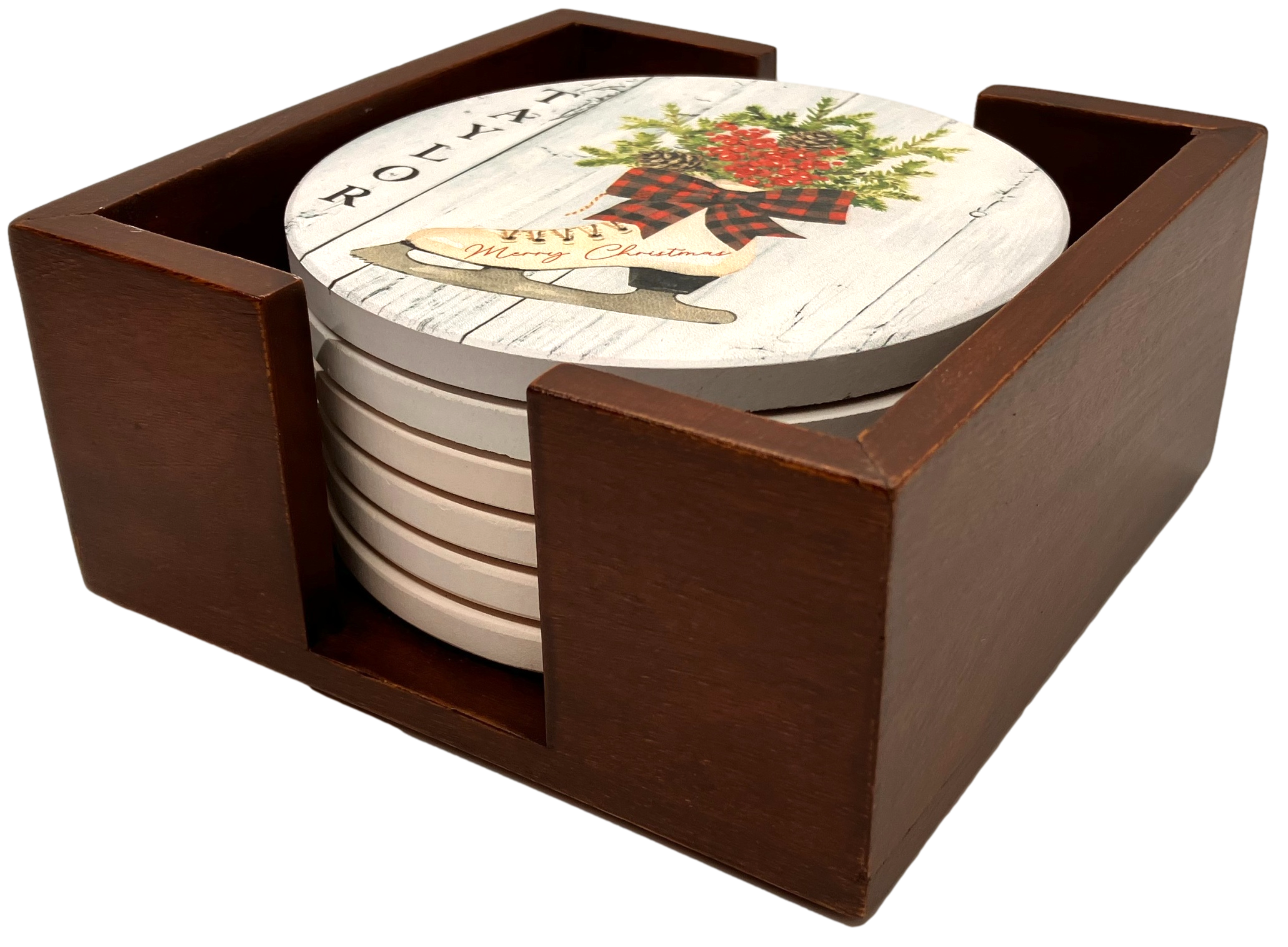 Walnut Finish Wooden 6 Coaster Holder Sets 2