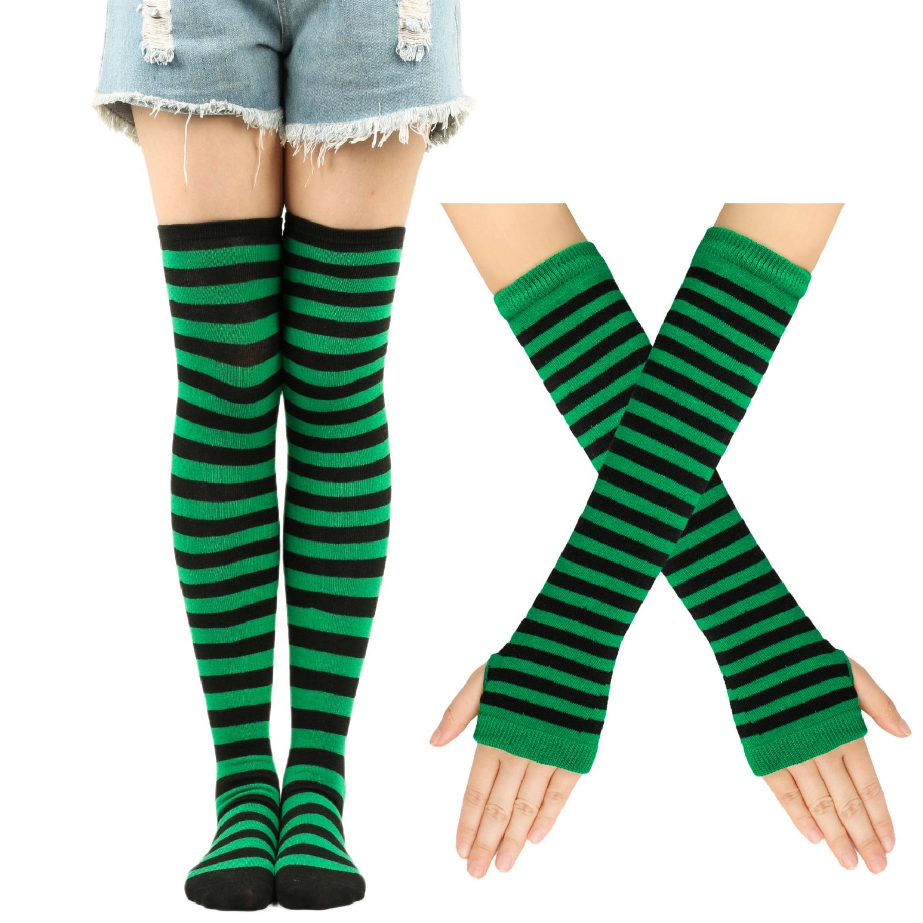 Womens Rainbow Socks Striped Knee Arm Gloves Set 4