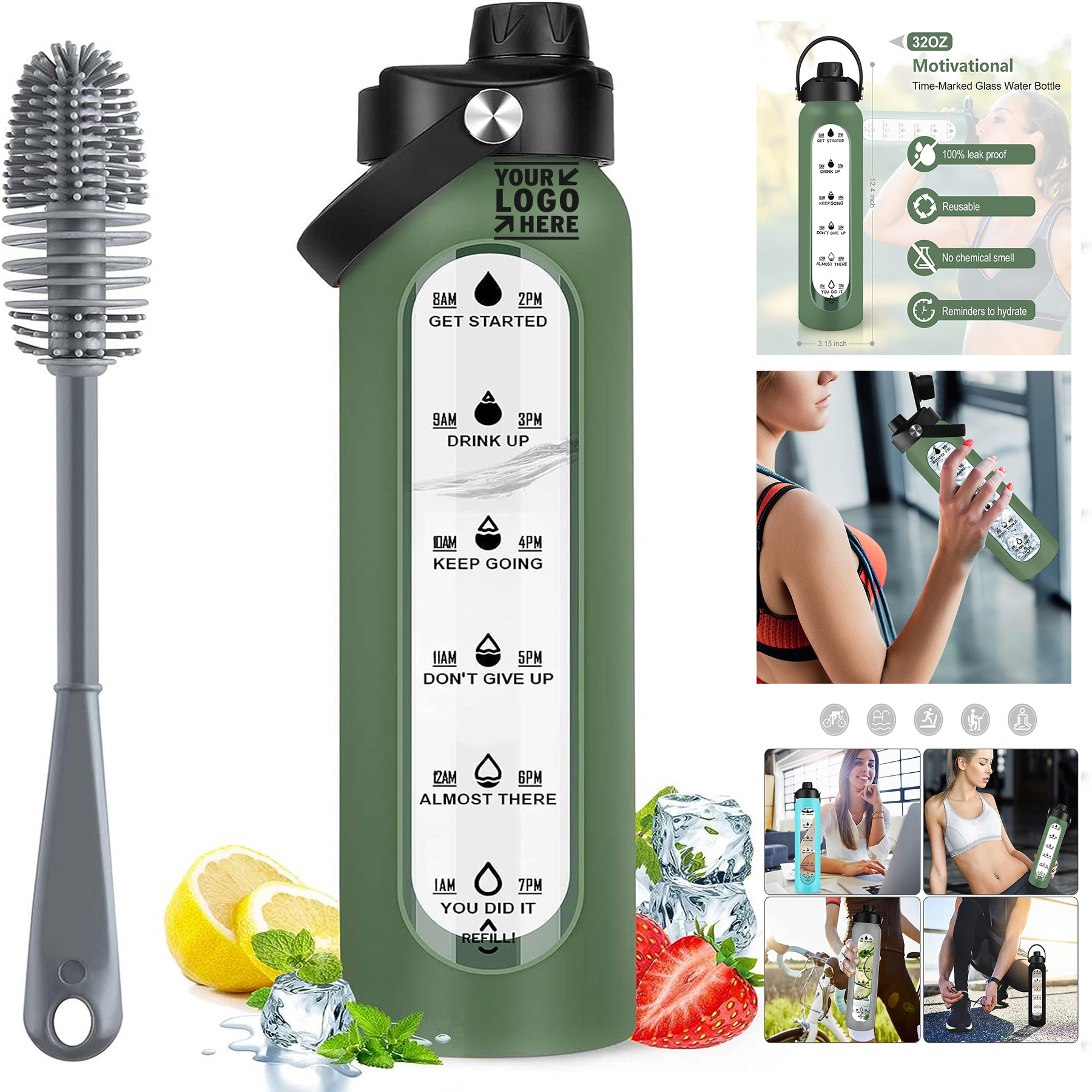 32 Oz BPA Free Reusable Times To Drink Borosilicate Glass Water Bottle With Silicone Sleeve 2