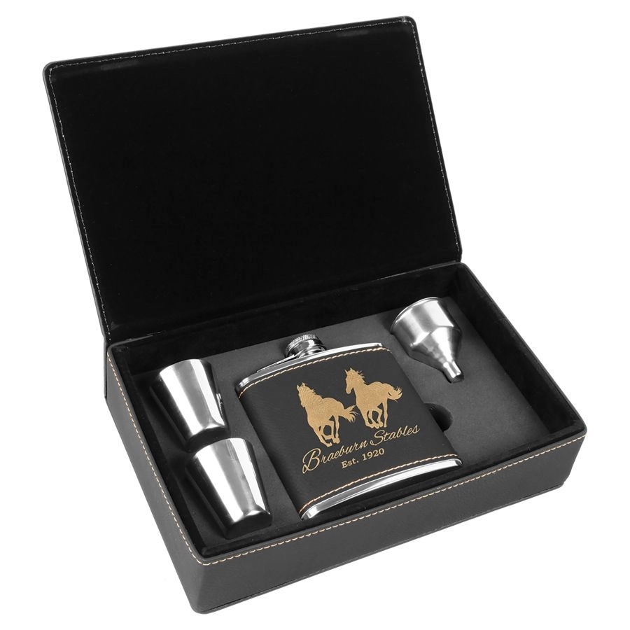 6 Oz. Light Brown Laserable Leatherette Flask Gift Set 6