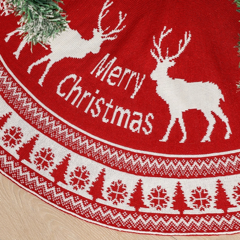 Red Knitted Christmas Tree Skirt with Snowflake & Reindeer 1