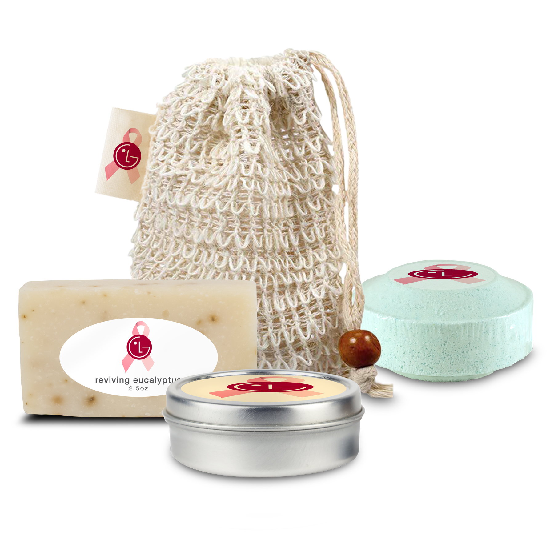 Loofah Bag with Mini Soap, Shower Steamer, and Candle Tin 1