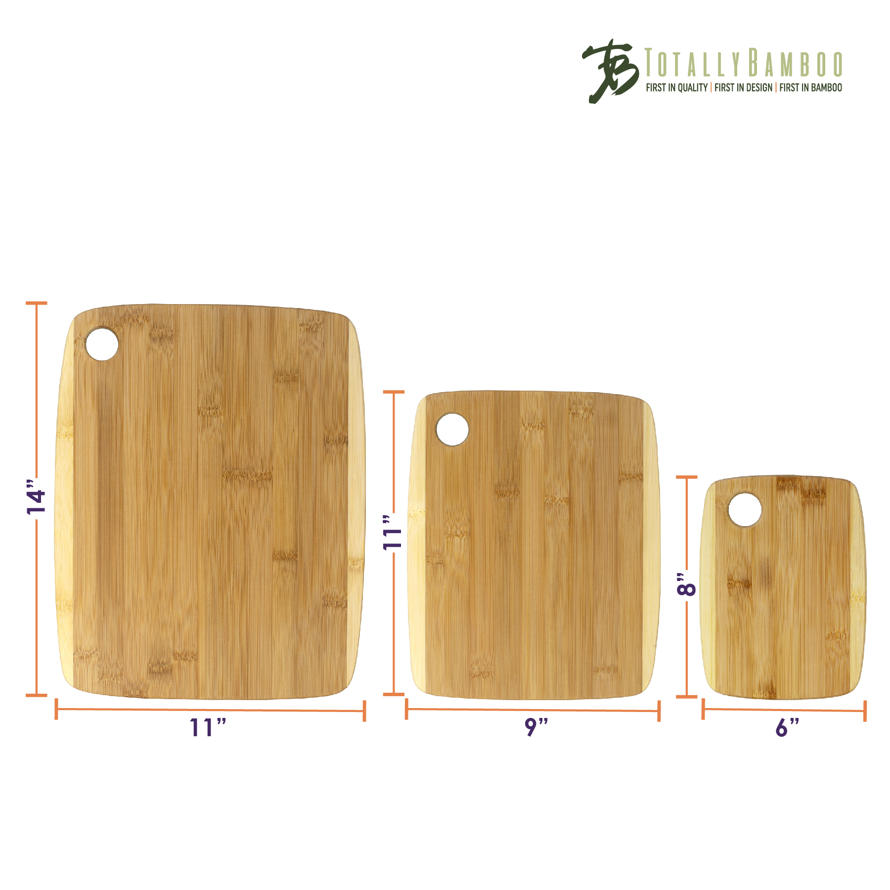 3-Piece Two-Tone Bamboo Serving and Cutting Board Set, 14" x 11" x 3/8", 11" x 9" x 3/8", and 8" x 6 6