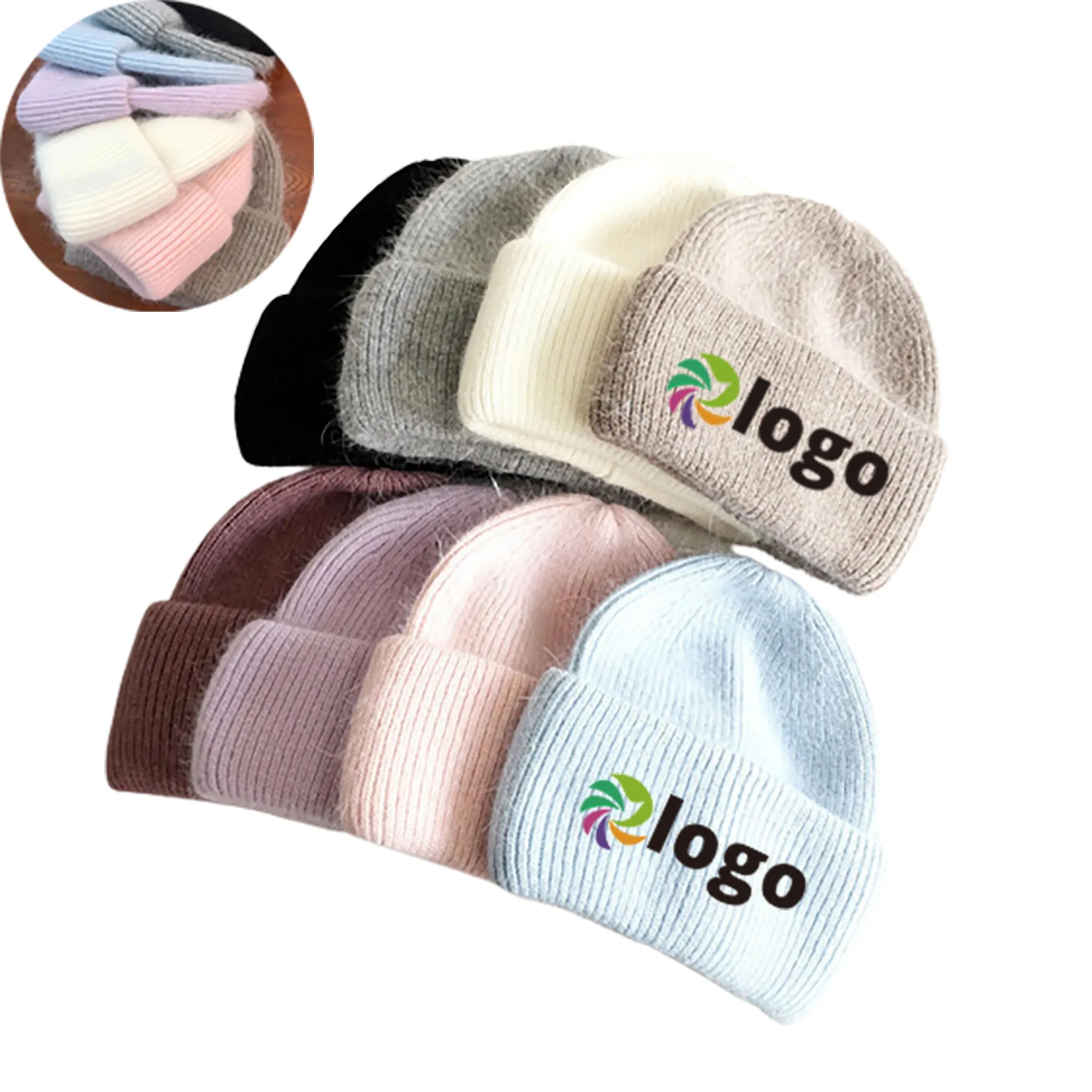 Winter Angora Rabbit Hair Knit Beanie Hat MOQ 10pcs