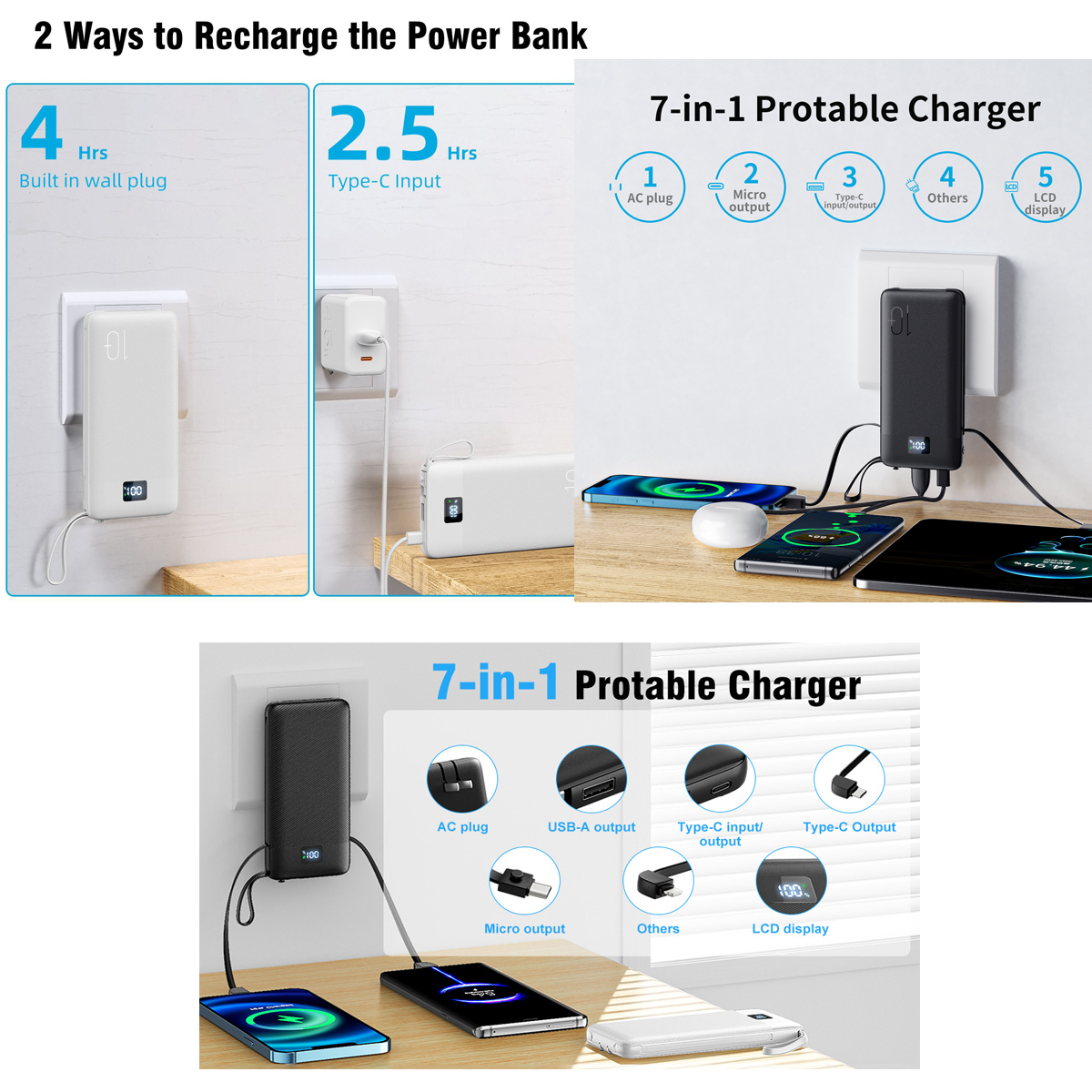 10000mAh Portable Charger with AC Plug and Built-in Cables 2
