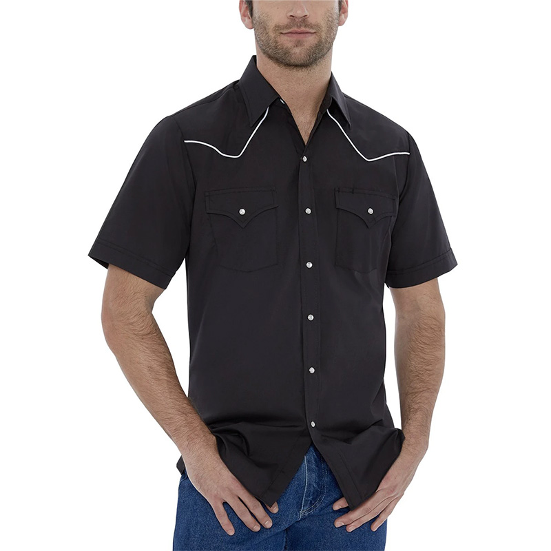 ELY Men's Short Sleeve Solid Western Shirt with Contrast Piping 4