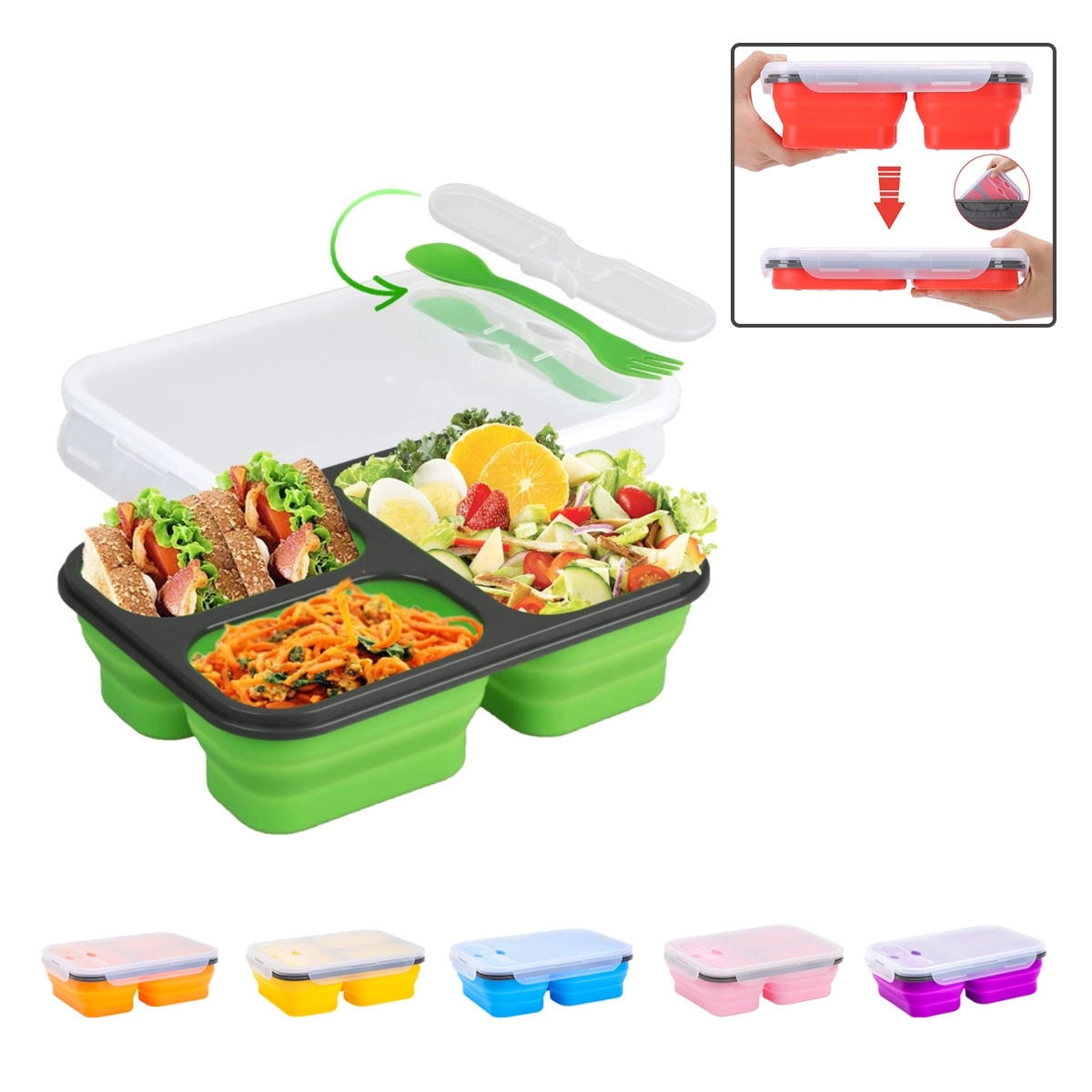 Collapsible Silicone Lunch Boxes with Fork and Spoon 4