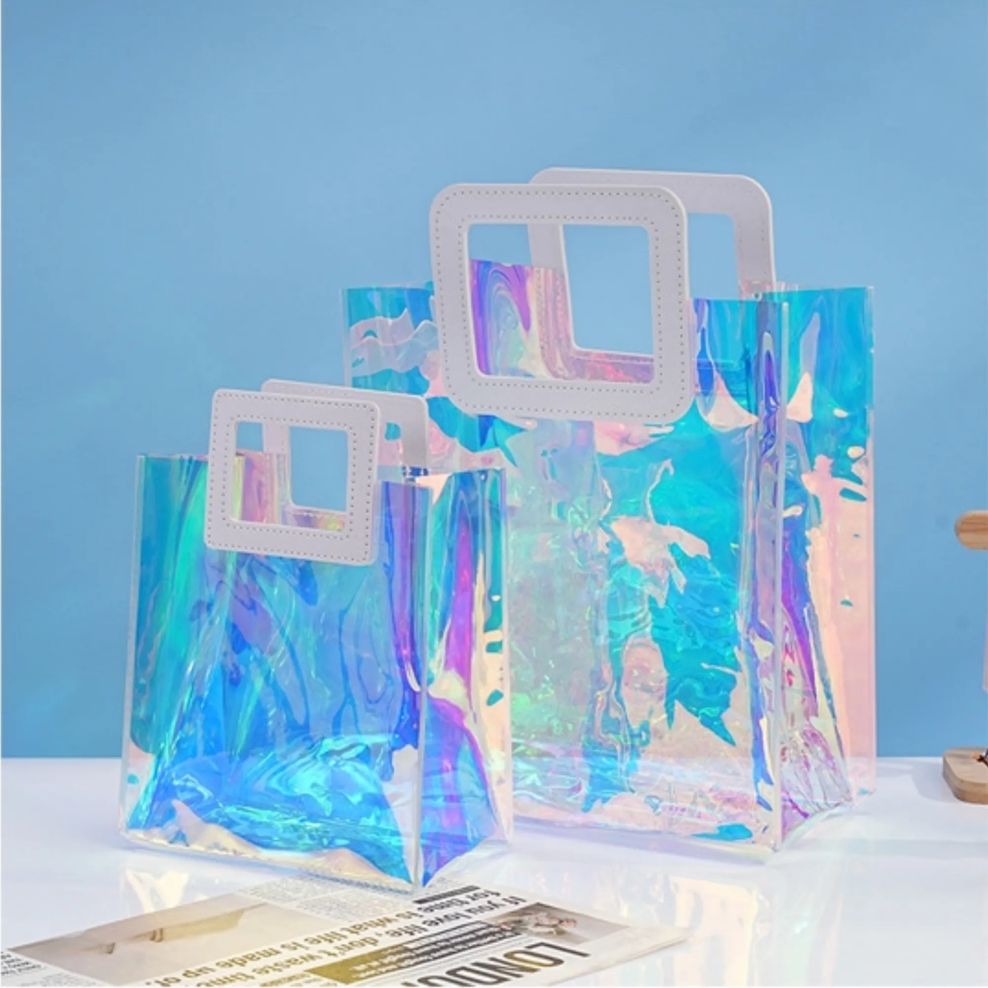Holographic Iridescent Tote Bag PVC Handbag, custom tote bag with logo imprint 3
