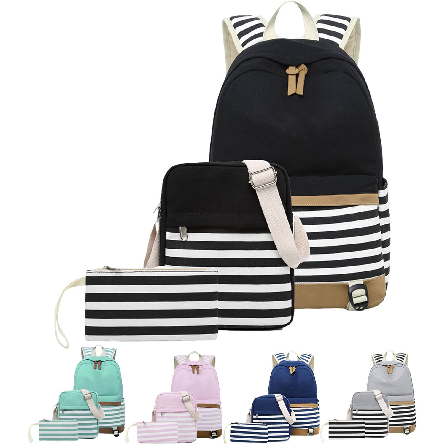 3Pcs Women Lightweight Stripe Canvas Backpack Set 15