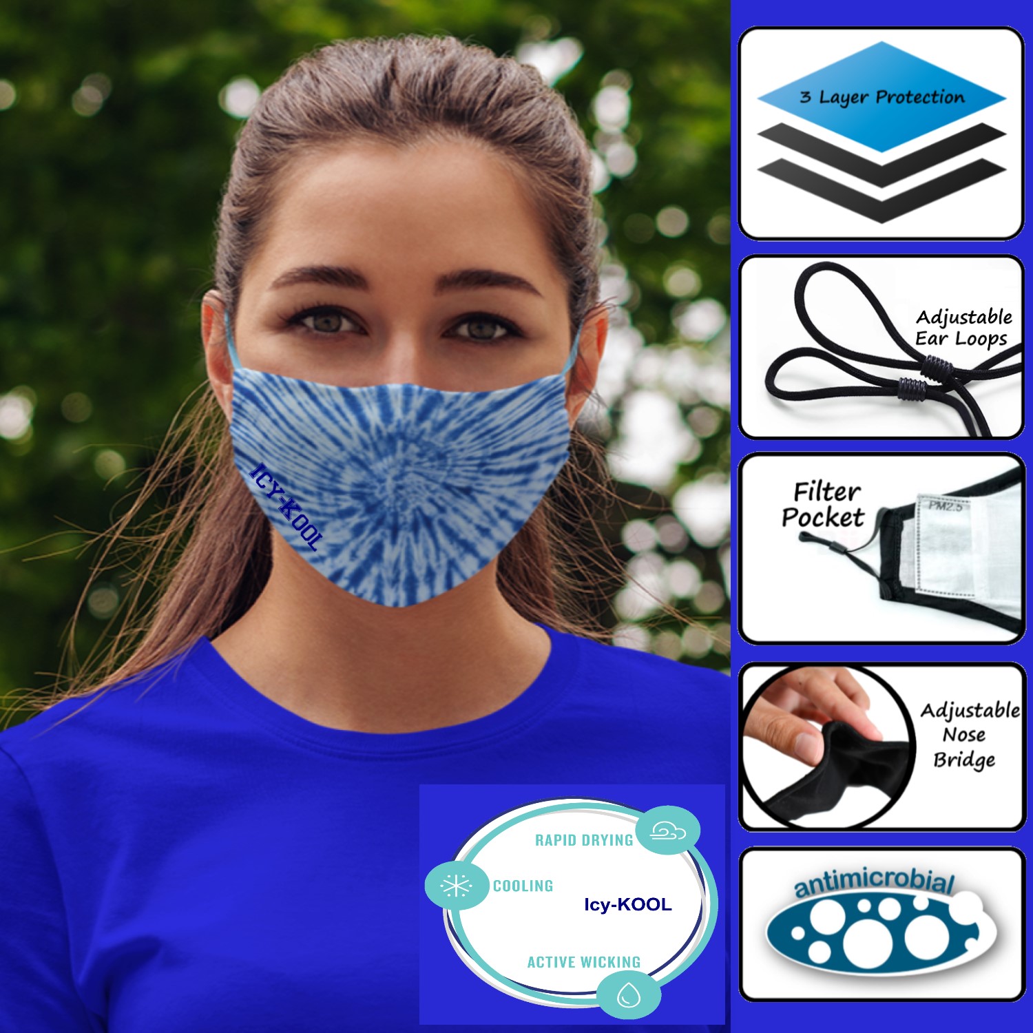 3-Ply Icy Cool Face Mask w/Adjustable Ear Loops - Icy-Kool Cooling