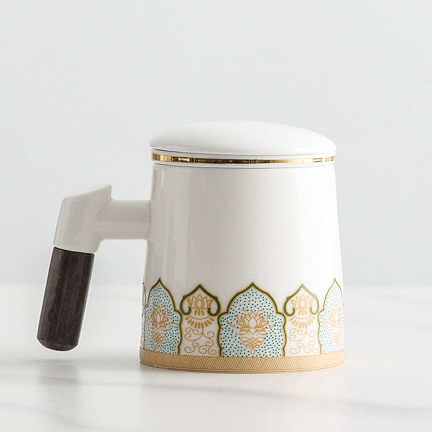 Ceramic Tea Cup With Infuser And Lid Mugs Wooden Handle 3