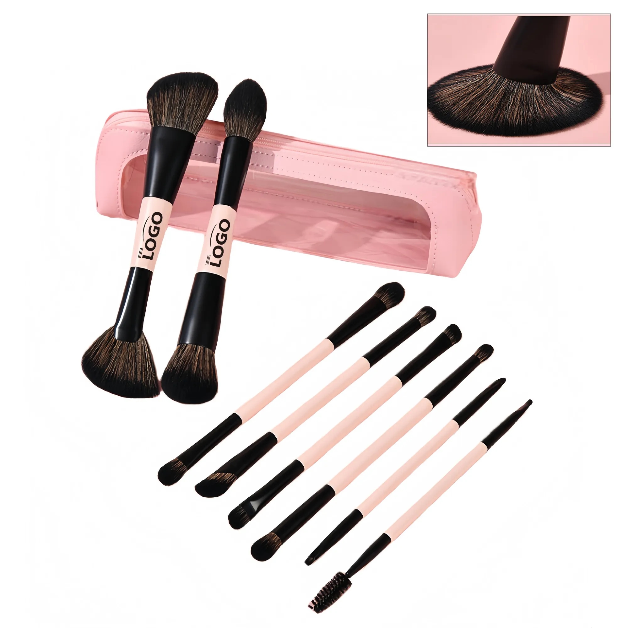 Wood Handle Double Ended Makeup Brush Set With Pouch