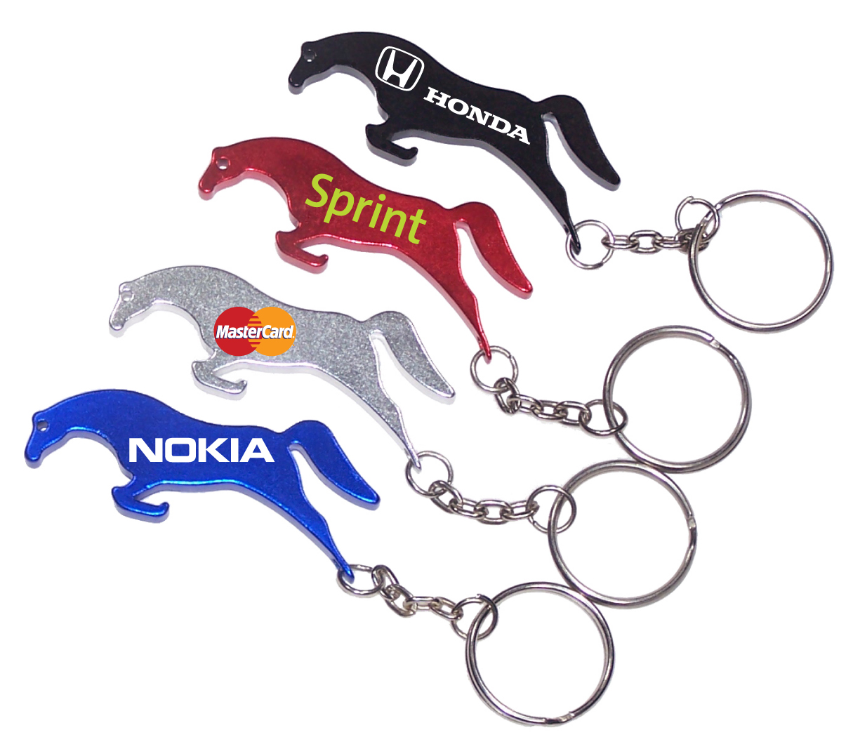 Horse shape bottle opener with key chain.