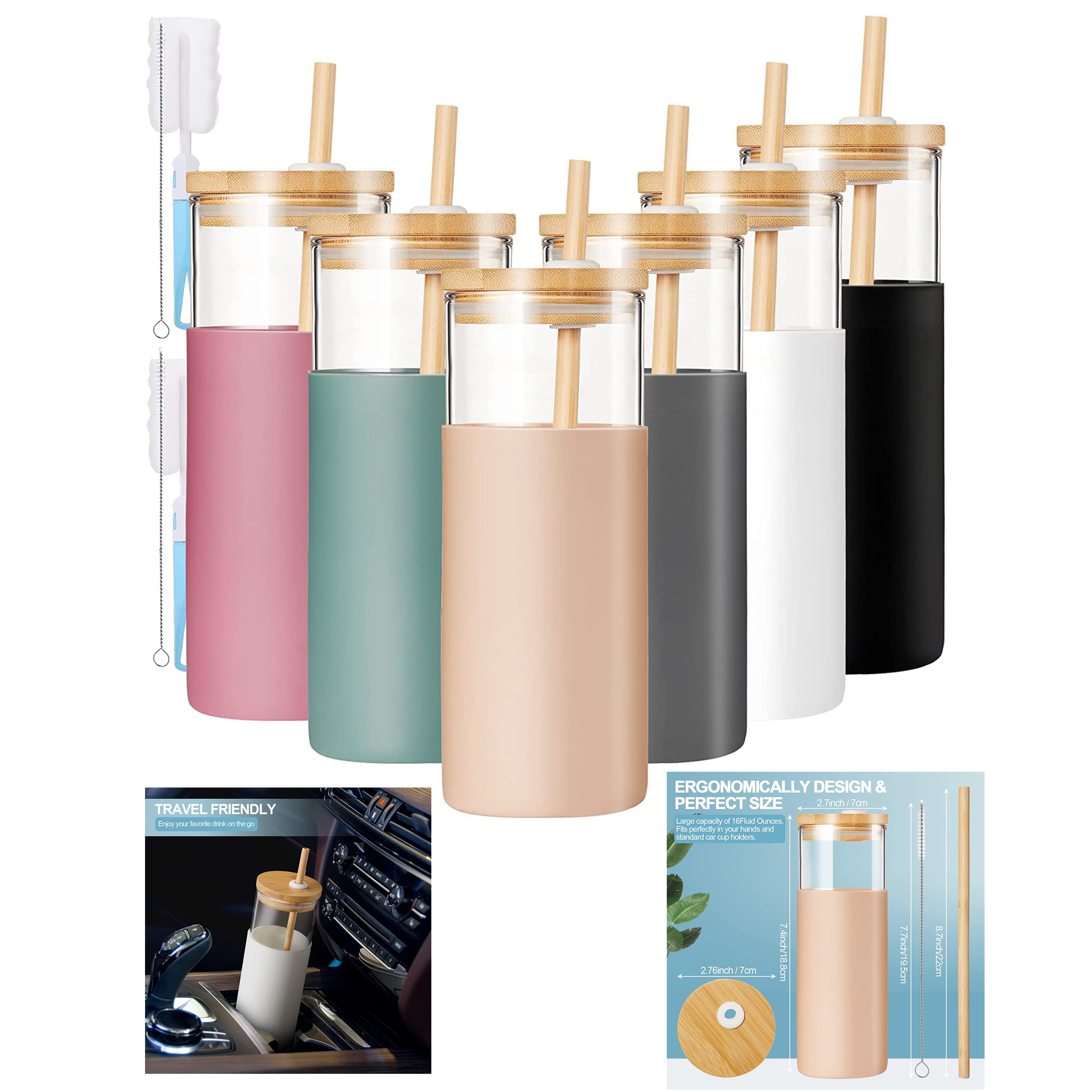 500ML 17 oz  Glass Tumblers with Bamboo Lid and Straw 2