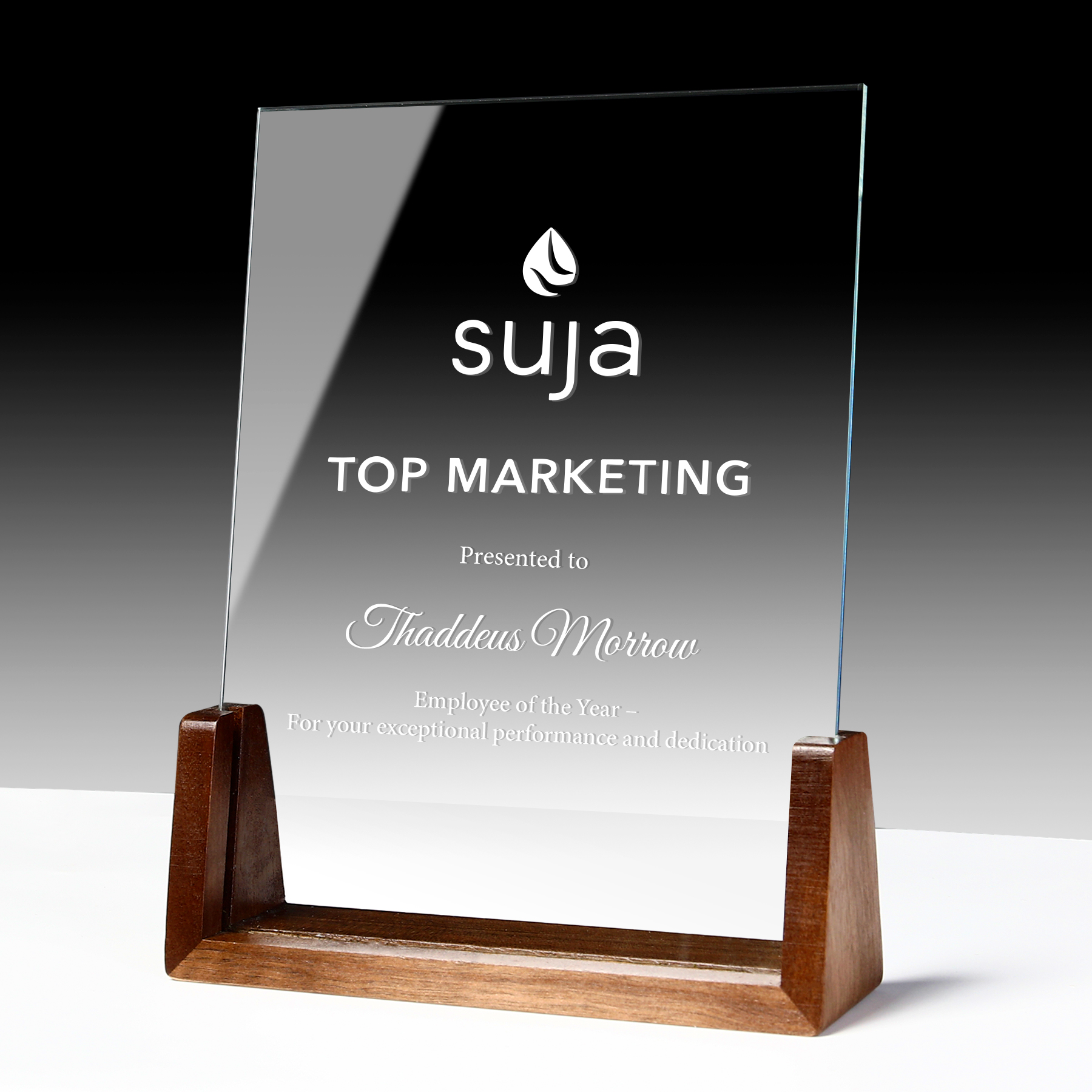 Personalized Clear Glass Crystal Award Plaque With Wooden Base 3