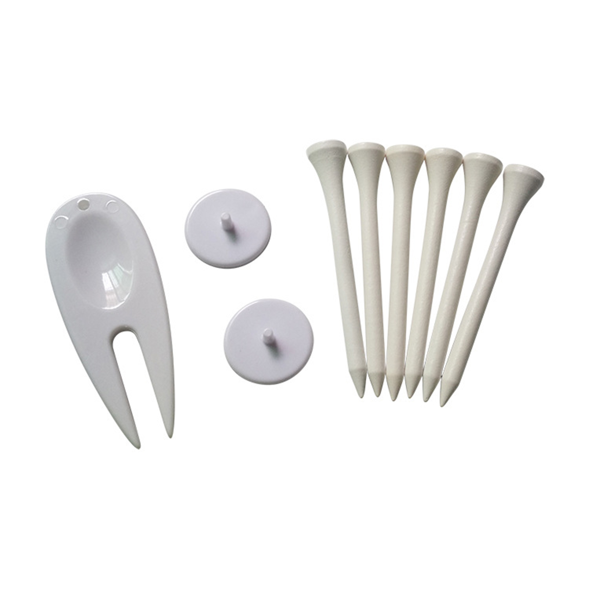 Golf Pack of 6 Tees, 2 Ball Markers, 1 Divot Tool in White Drawstring Bag 1