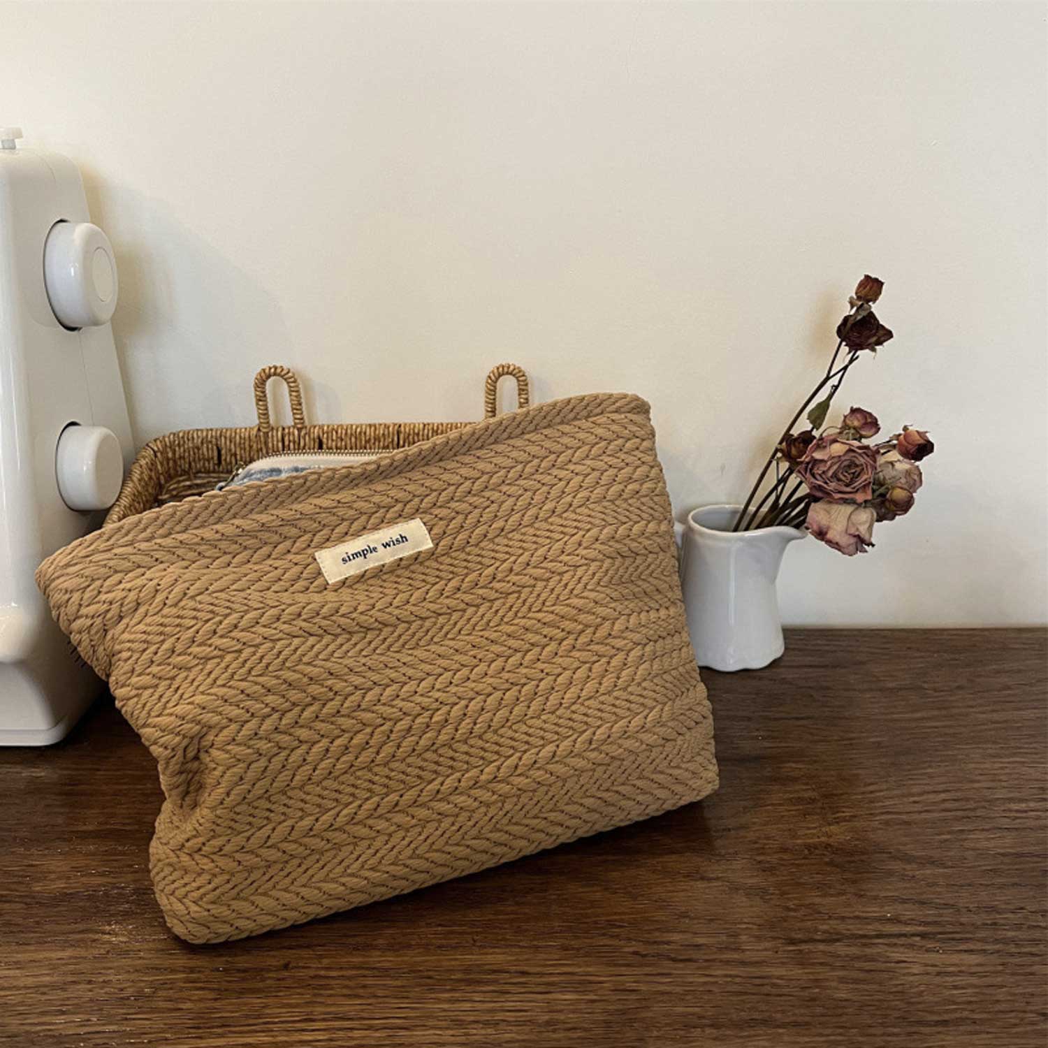 Plaid Woven Makeup Bag - Neutral Grain Pattern Cosmetic Case 4