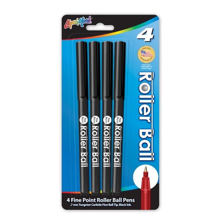 4 Pack Roller Ball Pens, 0.3mm Fine Point - Black - Made in the USA