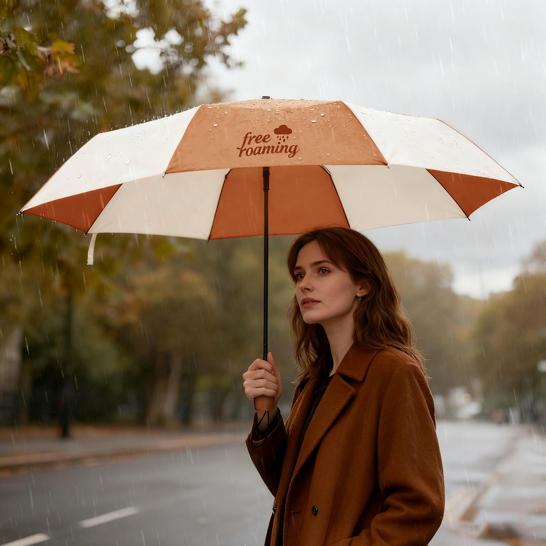 46" Arc Auto Open Wooden Handle Folding Umbrella 5