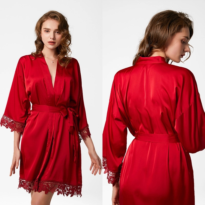 Women's Satin Robe Lace Silk Kimono 14