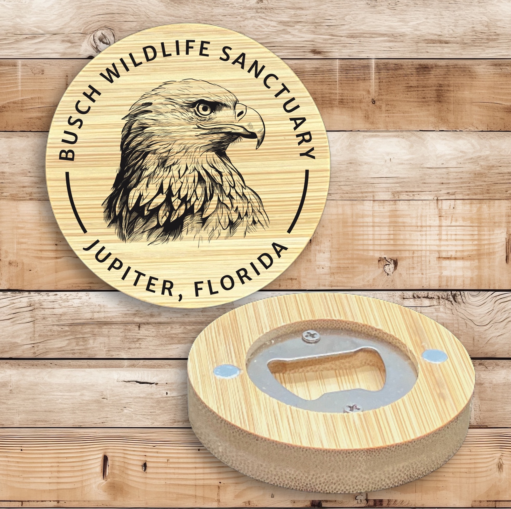 2.5" Round BAMBOO Bottle Opener Magnet 37
