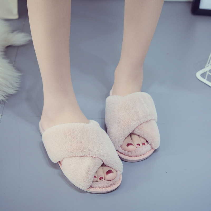 Women's Cross Band Slippers Soft Plush Furry Cozy Open Toe House Shoes 4