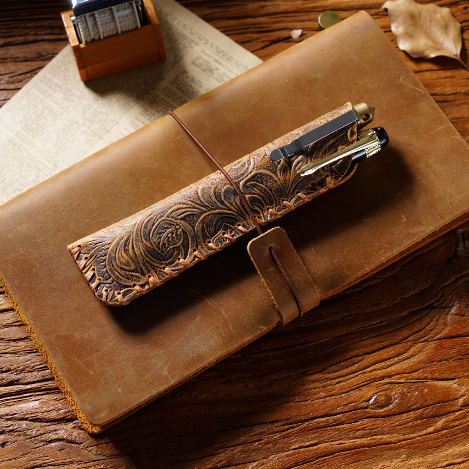 Vintage Carved Cowhide Leather Pen case/Sleeve 2