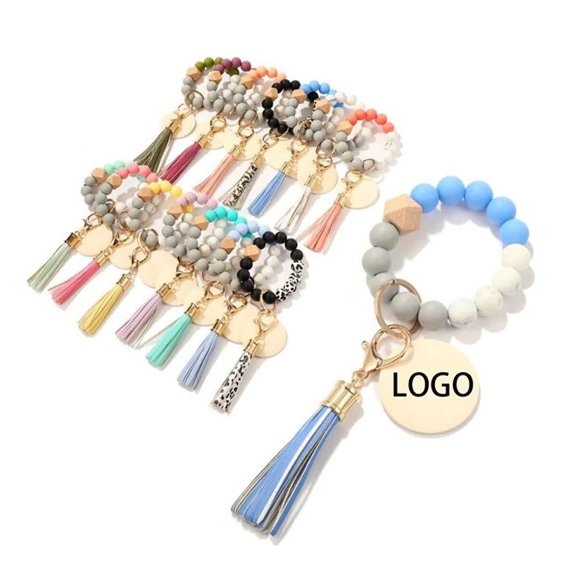 Silicone Key Bead Wood Bracelet Keychain