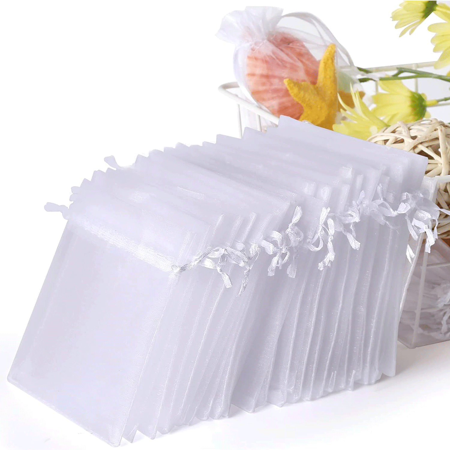 Wedding Gift Party White Organza Mesh Drawstring Bag 6