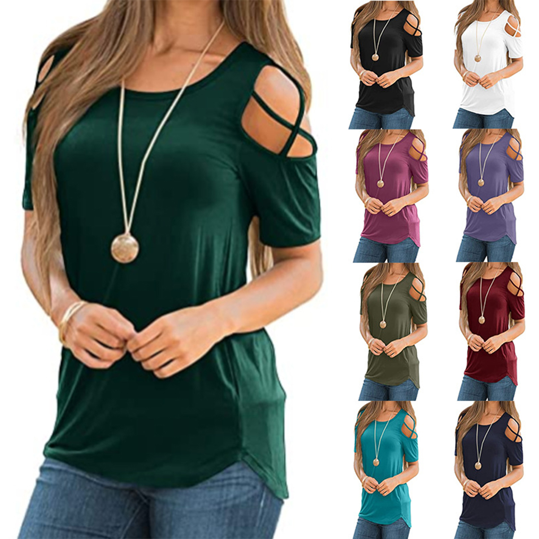 Women'S Off Shoulder Round Neck T Shirt 1