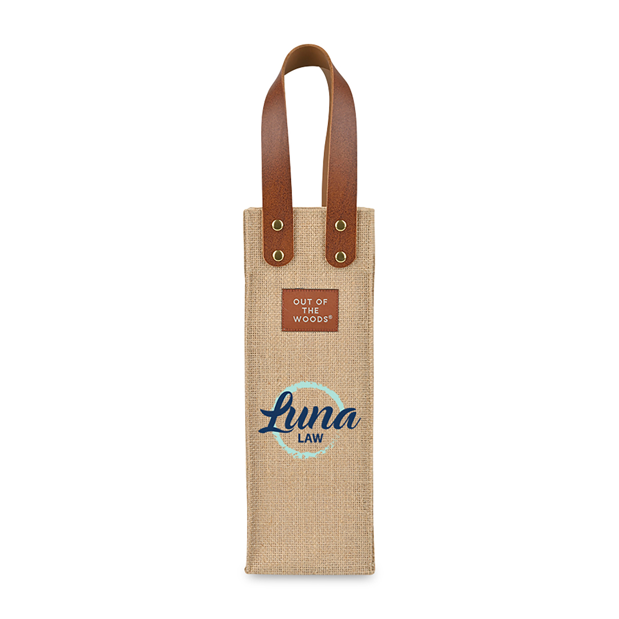 Out of the Woods® Jute Wine Tote, custom tote bag with logo imprint 2
