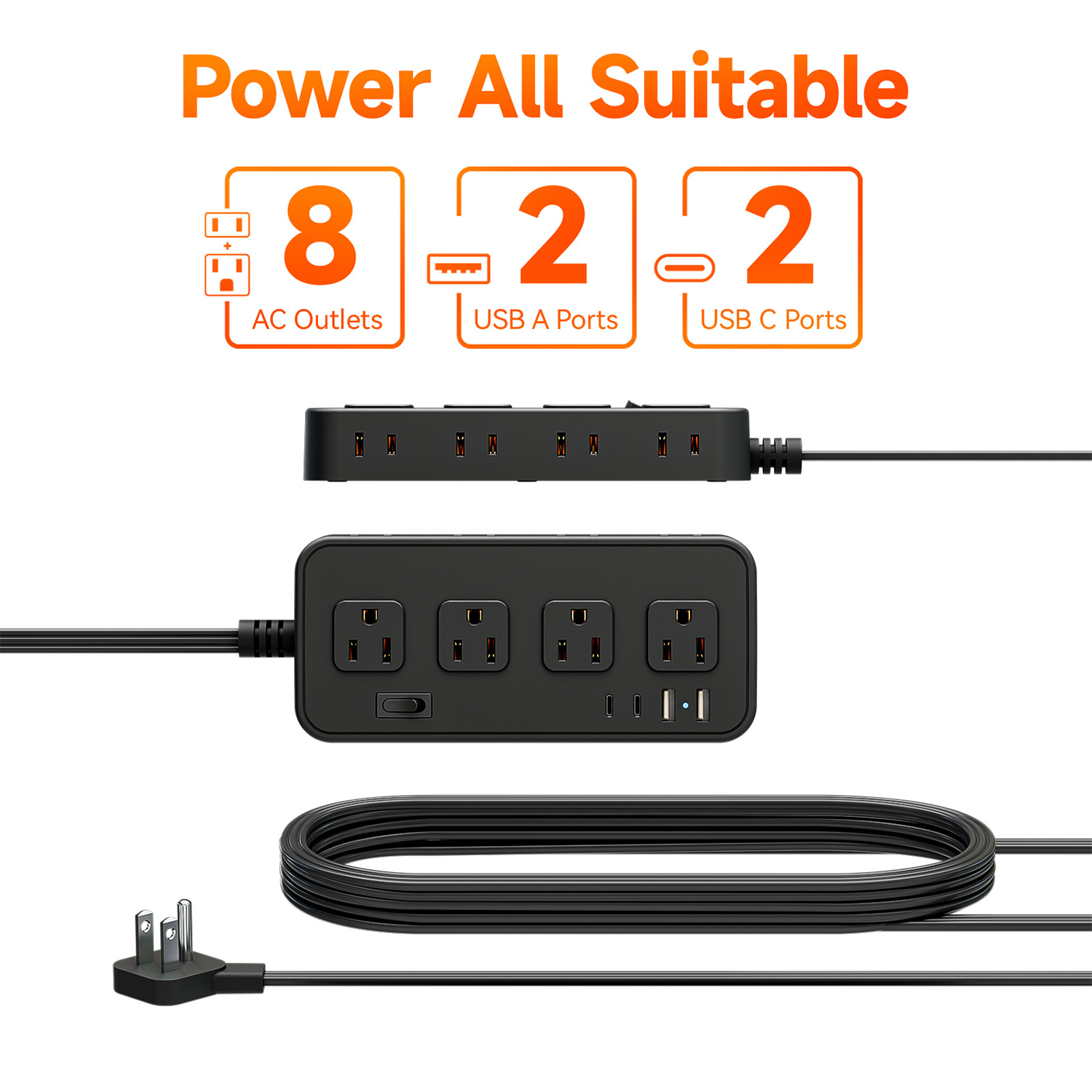 12 in 1 Surge Protector Flat Power Strip 5ft Extension Plug 6