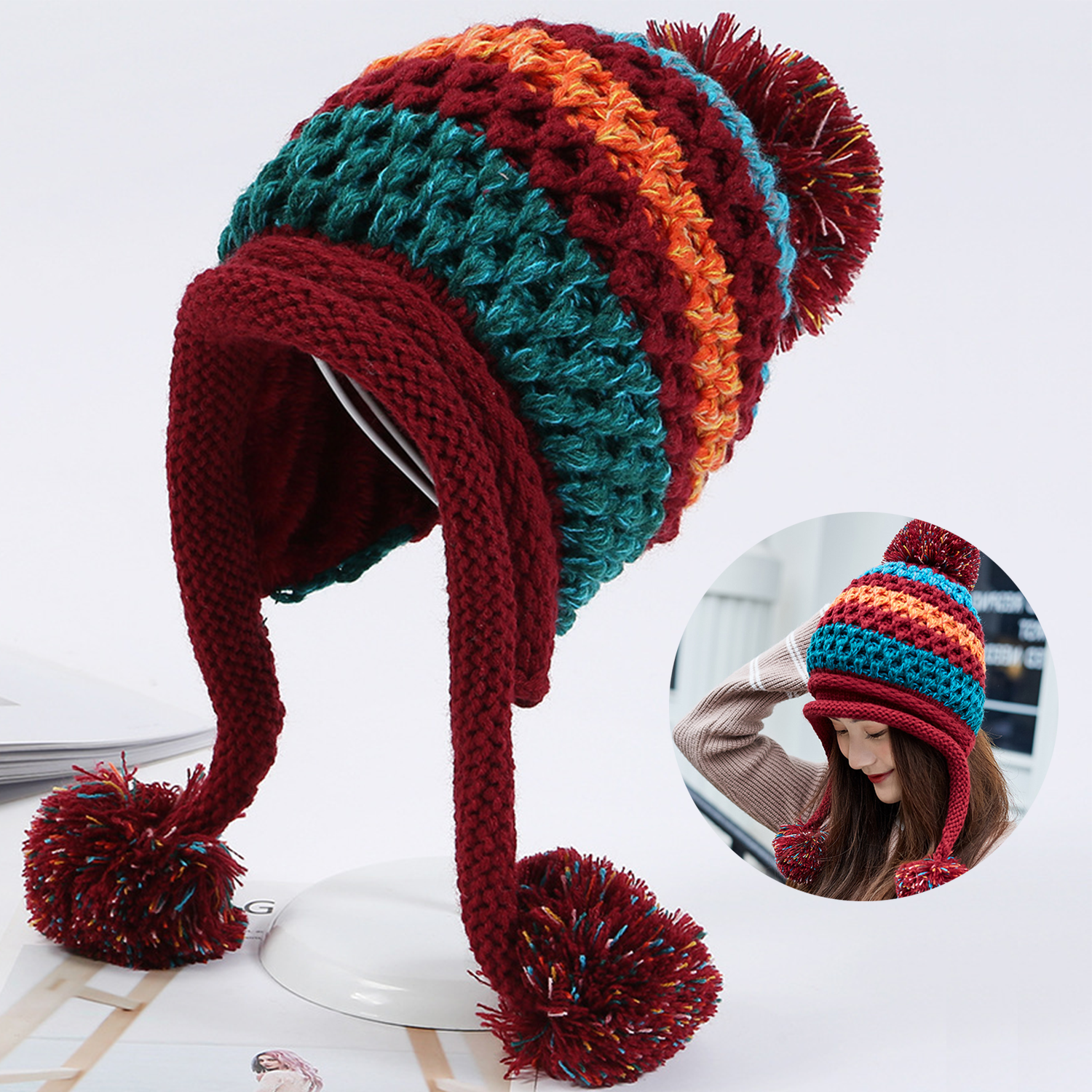 Winter Wool Knit Cap with Pom-Poms for Women 4