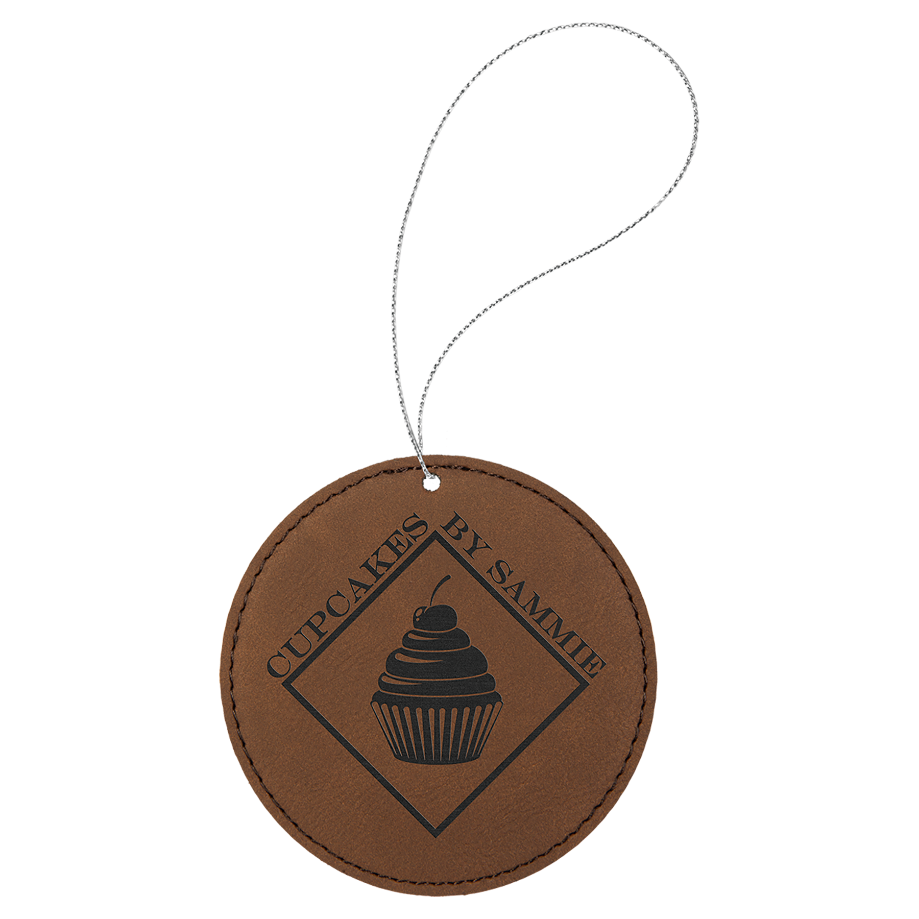 Light Brown Laserable Leatherette Round Ornament w/Silver String 3