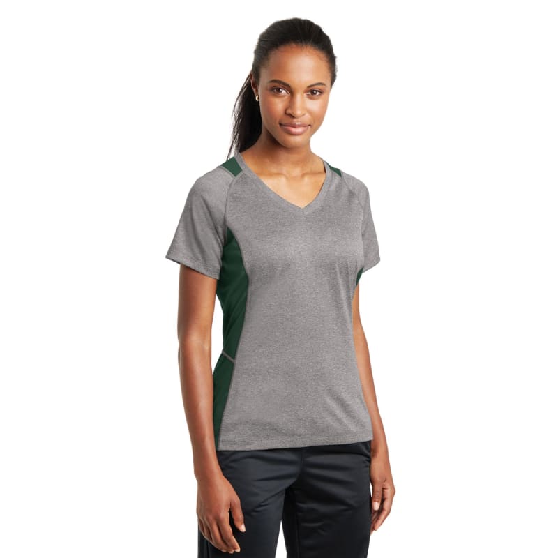 Sport-Tek Women's Heather Colorblock Contender V-Neck Tee. 61