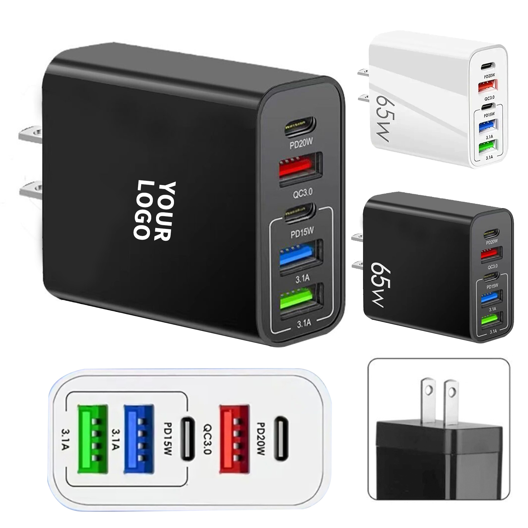 65W Five Port Wall Charger 3.07 x 2.16 x 1.1" 4
