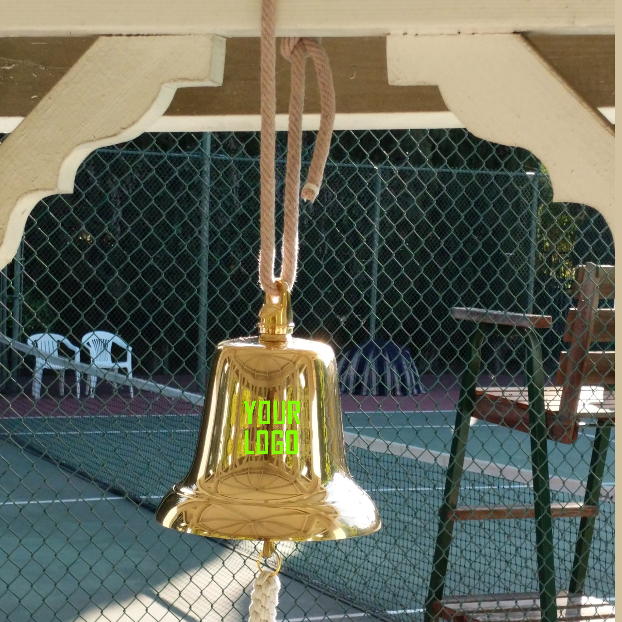 14" JUMBO SOLID BRASS BELL WITH HANGING COTTON BRAIDED PULL ROPE. 3
