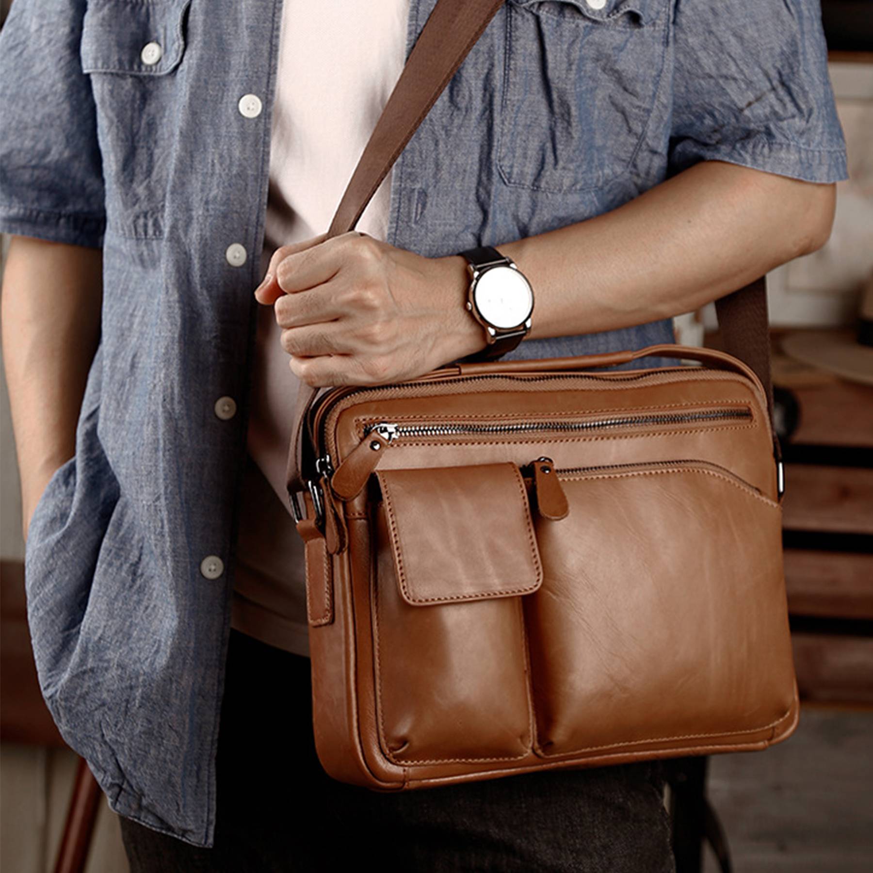 Genuine Leather Shoulder Crossbody Bag for Men Work Business 3