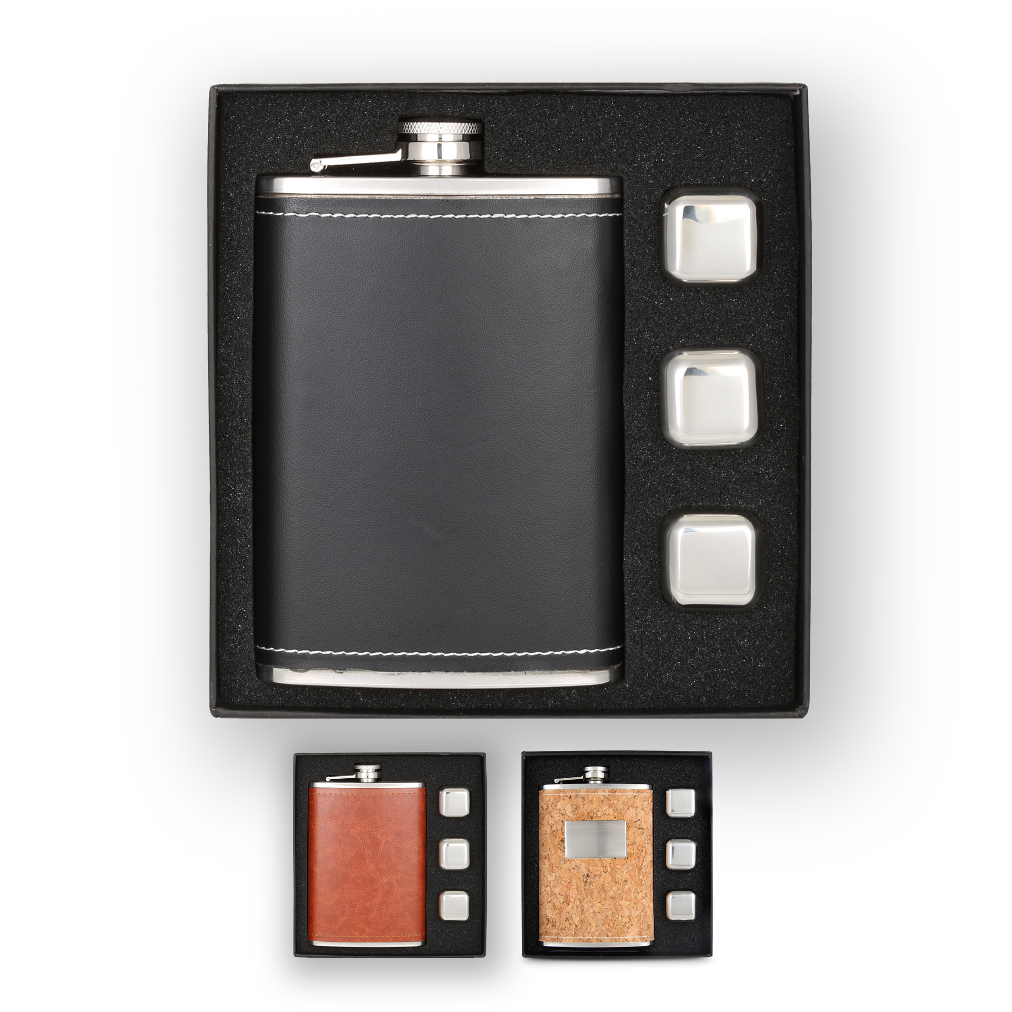 Flask & Whiskey Cube Leatherette Set 4