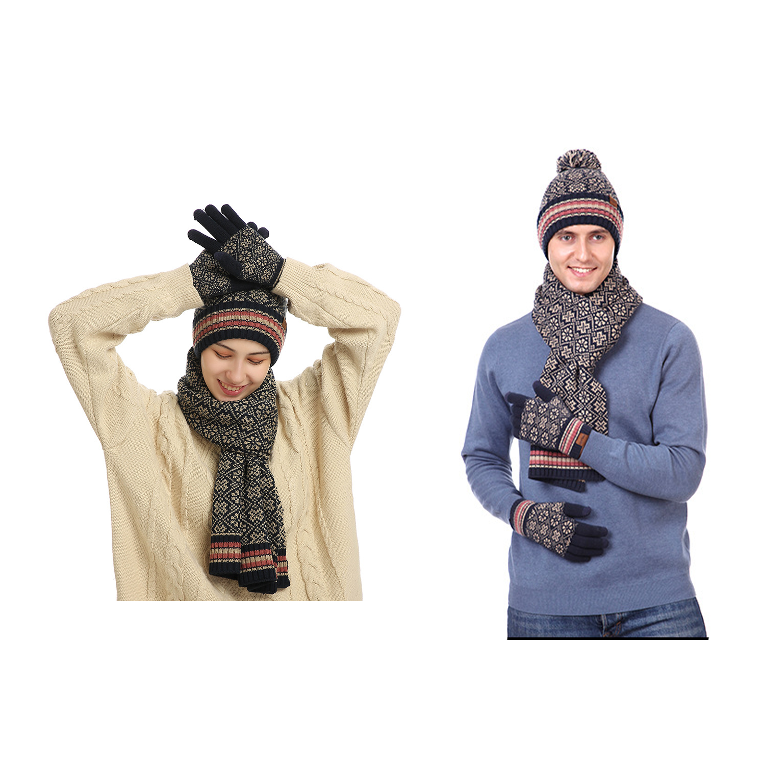 Womens Winter Beanie Hat Scarf Touchscreen Gloves Set 3