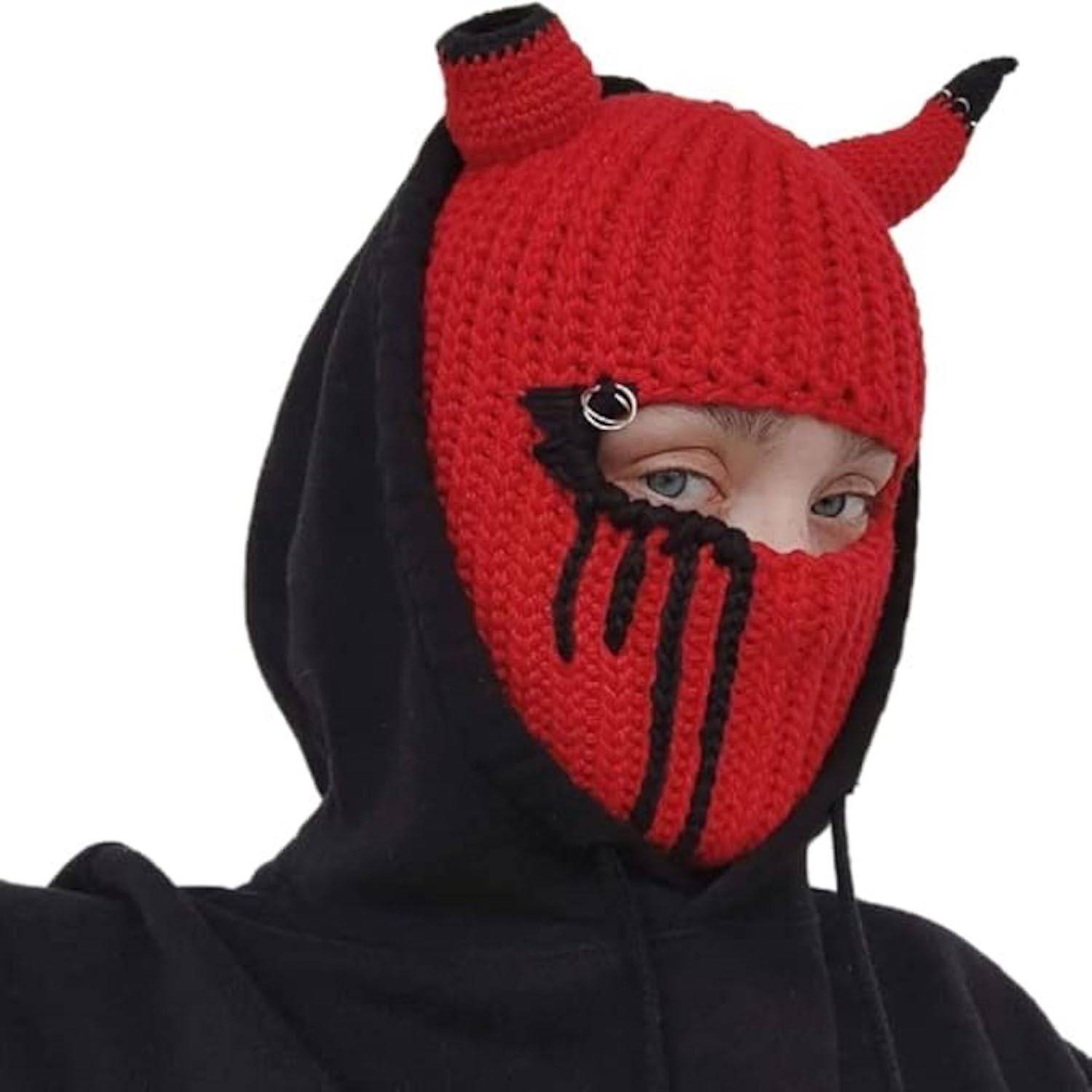 Full Face Cover Horns Creative Knitted Hat 3