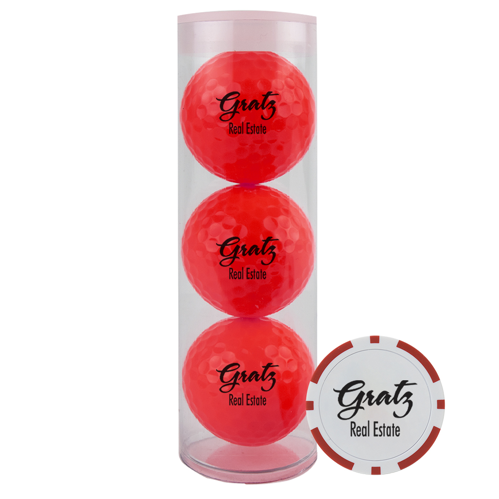 3-Colored Golf Balls Tube w/Poker Chip