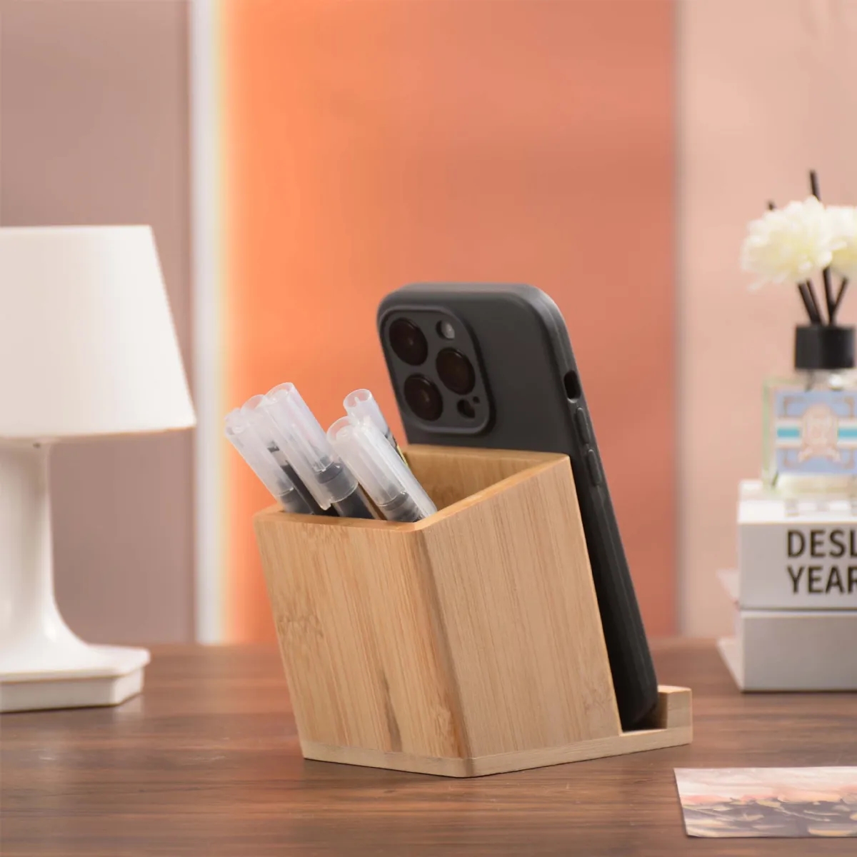 Bamboo Desk Organizer With Phone Stand And Pen Holder 3