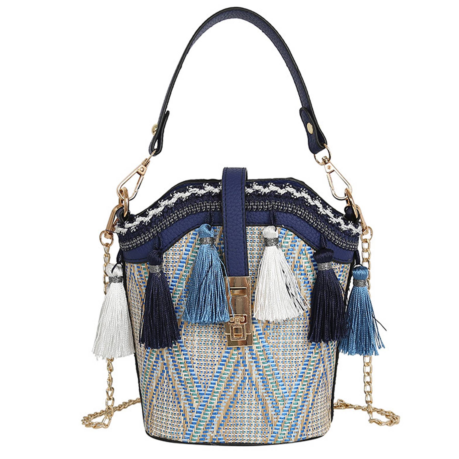 Jute Straw Cylindrical Shell Bucket Tote Crossbody Bag 4