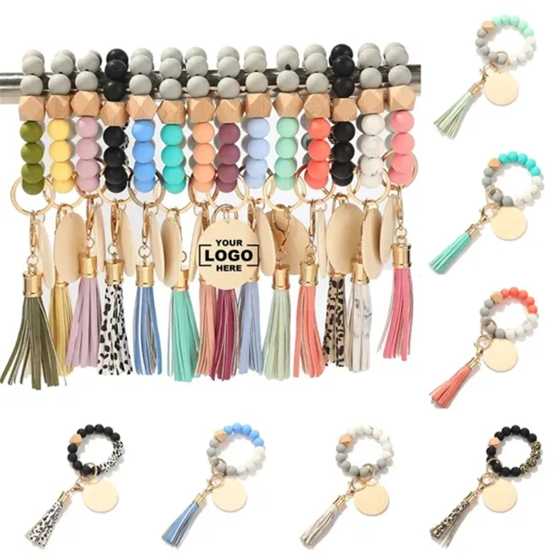 Silicone Bead Bracelet Keychain with Wooden Sign 1