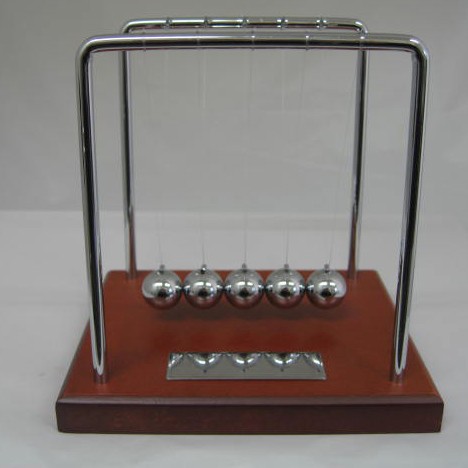 Newtons Cradle with Brown Wood Base and Silver Plate 1