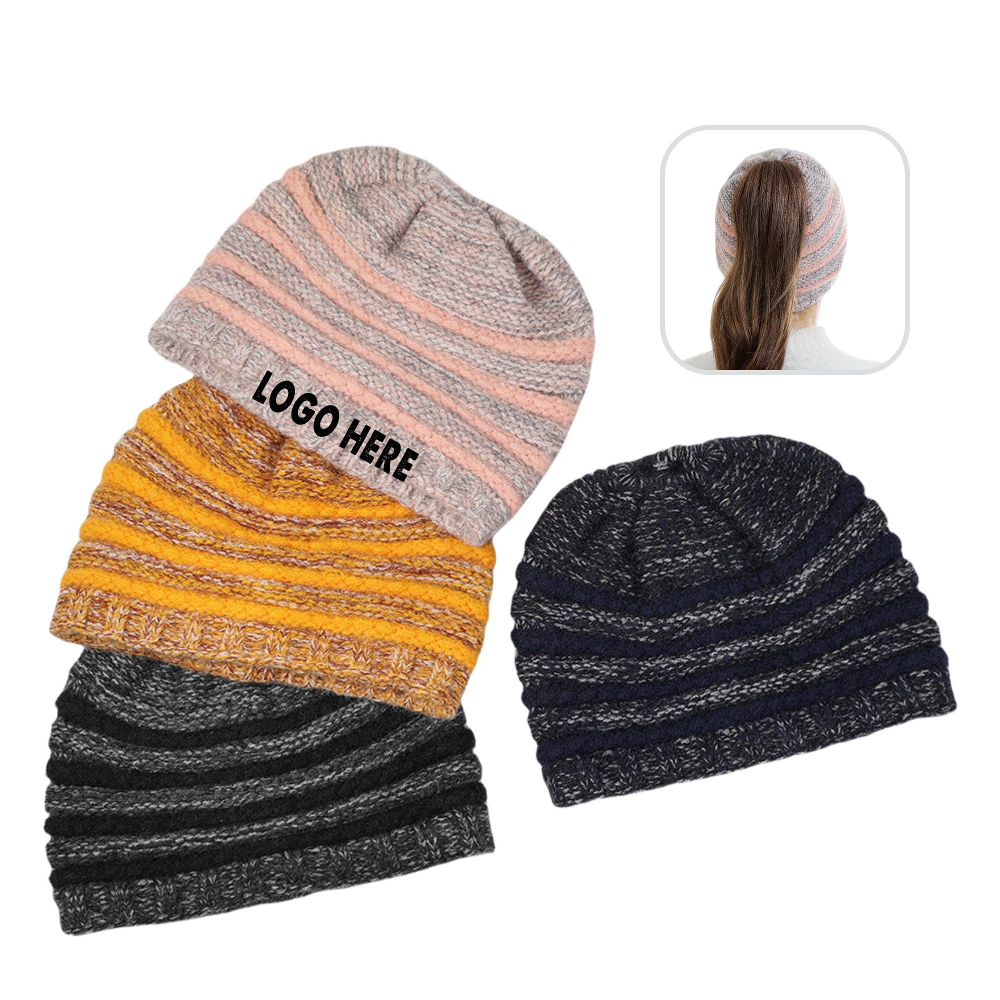 Ponytail Beanie Women Stretch Knitted Crochet 2