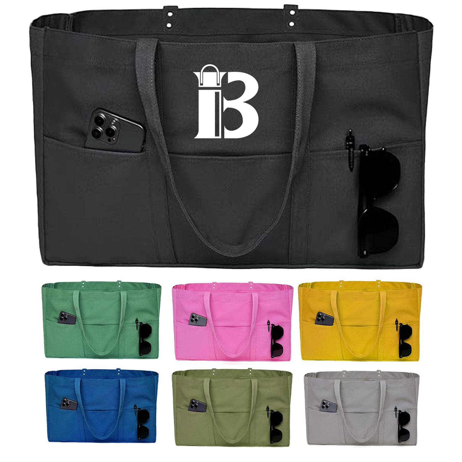 Large Capacity Canvas Tote Bag w/ Pocket for Work Travel, custom tote bag with logo imprint 16