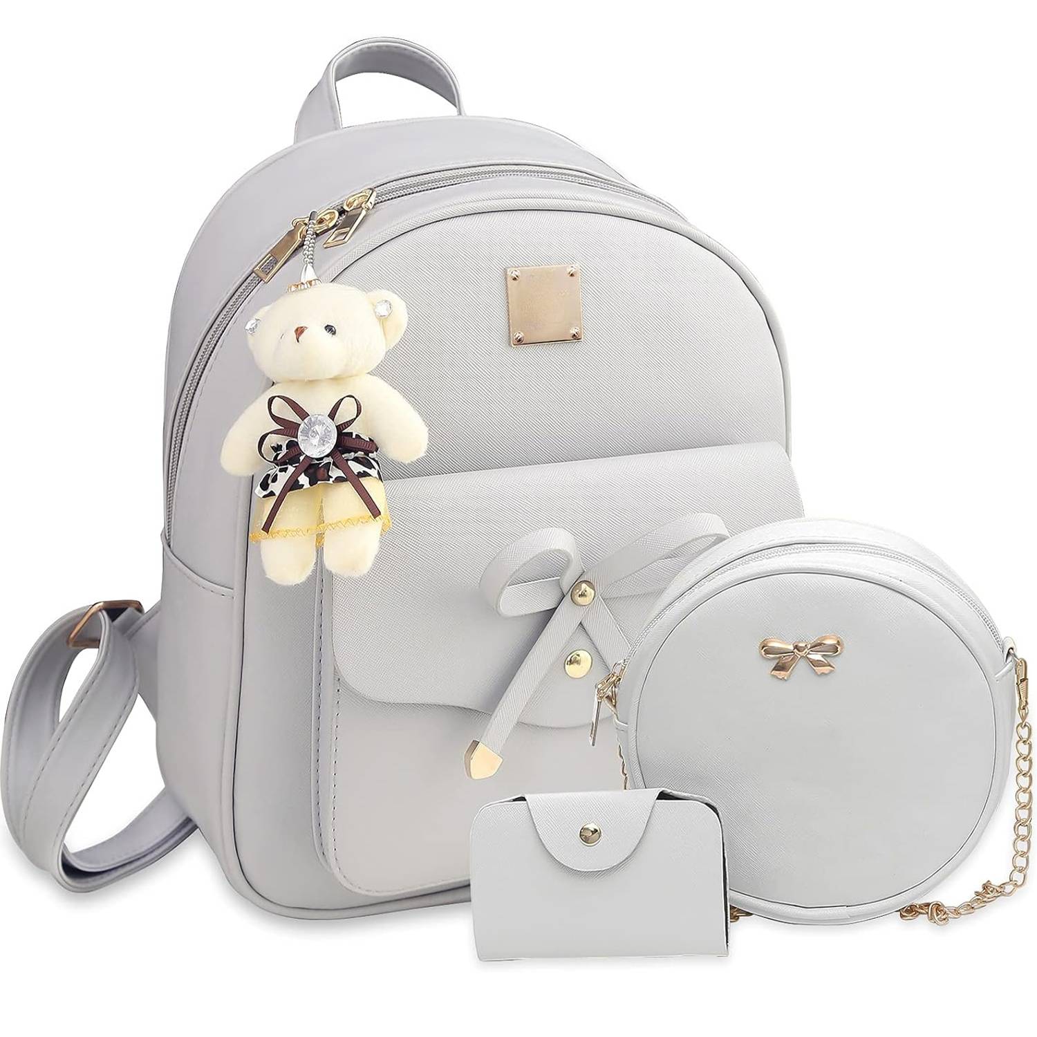 3 Pcs PU Leather Girls Bowknot Backpack Set 3