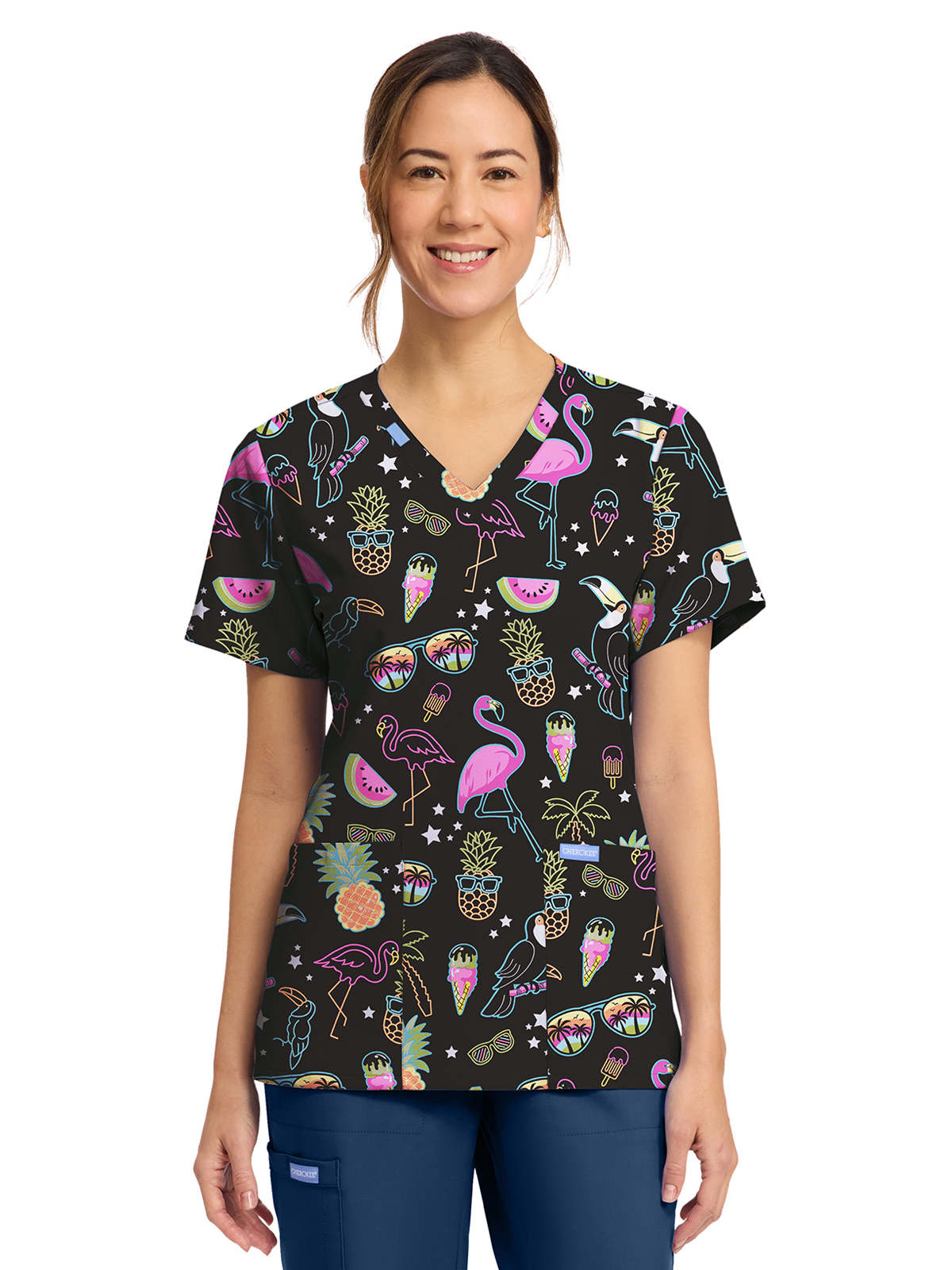 Cherokee - Genuine - Women's 2-Pocket Print V-Neck Scrub Top
